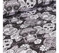 Tissu Jersey Coton Tête de morts et rose sur fond Noir - Par 50 cm