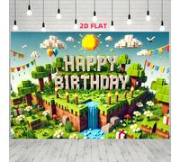Tissu mural de décoration de fête d'anniversaire rétro pixel 2D plat, avec motifs de château, de cadeau et de ruban, convient pour la maison, le bureau, le studio et les célébrations en extérieur, san