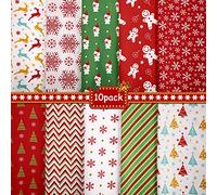 Tissu Tatuo 10 Pièces 50 x 50 cm/ 19,68 x 19,68 Pouces Coton Noël Carré Matelassé Prédécoupé Imprimé Rouge Vert pour Bricolage de Noël Quilting