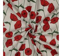 Tissu Toile Coton Canvas Enduit aspect Lin Coquelicots sur fond Naturel - Par 50 cm