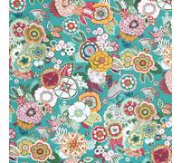 Tissu Toile Cretonne floral Oria sur fond Bleu turquoise - Par 50 cm