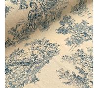 Tissu Toile de Jouy Tissé Teint d'Ameublement 100% Coton - au Mètre - 4 coloris 250g/m² Largeur 150cm Pour Tentures Murales Rideaux Tapisseries de Canapés (Bleu)