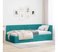 Tissu velours Design en L compact Coin 100 cm x 200 cm Turquoise | Cadre de lit d'angle Turquoise 100x200 cm Velours avec tête de réversible, lit-canon design compact pour petite chambre,