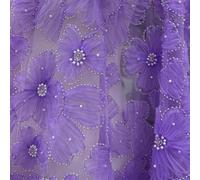 Tissus en tulle brodé, Multicolor 1 yard Wedding Dress Fabric 3D Mesh Flowers Silver Beaded Lace For DIY(Purple)