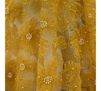 Tissus en tulle brodé, Multicolor 1 yard Wedding Dress Fabric 3D Mesh Flowers Silver Beaded Lace For DIY(Yellow)