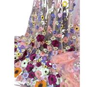 Tissus en tulle brodé, Wedding Dress Fabric 3D Applique Embroidered Mesh Polyester Multicolor For DIY(Pink Mesh)