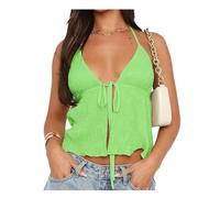TISTIK Haut Court à Nouer sur Le Devant pour Femme Y2K - Col Licou - Ourlet Fendu - Camisole d'été Sexy sans Manches - Débardeur Fluide - Dos Nu - Streetwear