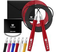 Titan Armour® Corde à sauter autobloquante et réglable pour adulte | 2 cordes en acier, protection de câble et étui de voyage | Corde à sauter : fitness, crossfit, boxe, MMA (rouge vif)