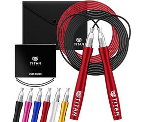 Titan Armour® Corde à sauter autobloquante et réglable pour adulte | 2 cordes en acier, protection de câble et étui de voyage | Corde à sauter : fitness, crossfit, boxe, MMA (rouge vif)
