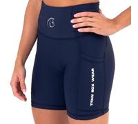 TITAN BOX WEAR AuraLux II Legging court de sport pour femme 6" Tights Core Deep Navy Taille S, tissu AuraLux II, 15 cm de long, Logos réfléchissants, taille haute, poches latérales, pour course ou