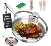 Titan Lot de 5 poêles en titane non revêtues en acier inoxydable et titane avec couvercle 20/24/26/28/30 cm, compatibles avec l'induction, résistantes aux rayures, sans revêtement, poêle en titane +