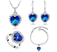 Titanic coeur de l'océan collier boucles d'oreilles bracelet et anneaux ensemble de bijoux, AILUOR argent bleu saphir cristal collier pendentifs mariage bal