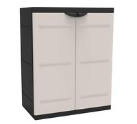 Titanium PLASTIKEN Armoire Basse 2 Portes avec étageres l70 x p44 x h88 cm Beige et Noire Gamme Titanium Intérieur/Extérieur