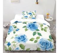 TiTCiveR Roses Bleues Vertes Housse De Couette 2 Pièces Aesthetic Pastoral Fleurs Imprimé De Couvre-Lit Microfibre pour Chambre À Coucher Doux Et Confortable avec 1 Taie d'oreiller Single（135x200cm）