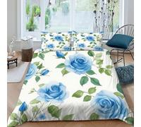 TiTCiveR Roses Bleues Vertes Housse De Couette 3 Pièces Aesthetic Pastoral Fleurs Imprimé De Couvre-Lit Microfibre pour Adulte Et Enfant avec 2 Taie d'oreiller King（220x240cm）