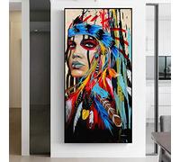 TITINGLUCK Femme indienne colorée avec plume peinture à l'huile sur toile moderne fille amérindienne mur Art photo salon décor 50x100cm (19,7x39,4in) sans cadre