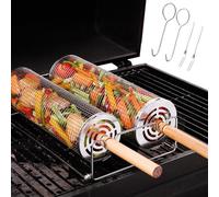 titioffice Lot de 2 paniers de barbecue Rolling en acier inoxydable avec poignée, ronds, panier de barbecue portable, accessoires pour légumes, poissons, crevettes, poulet, accessoires de barbecue