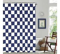 Tititex Rideau de douche esthétique en faux lin à motif damier, blanc, bleu marine, moderne, décoration 180 x 180 cm, avec 12 crochets