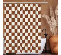 Tititex Rideau de douche esthétique en tissu imitation lin à motif damier, beige, marron caramel, ensemble de rideaux de douche modernes, décoration 180 x 180 cm avec 12 crochets