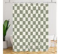 Tititex Rideau de douche esthétique en tissu imitation lin à motif damier, blanc, beige, vert sauge, ensemble de rideaux de douche modernes décoration 180 x 180 cm avec 12 crochets