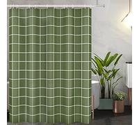 Tititex Rideau de douche minimaliste à carreaux vert olive, ligne blanche, simple et moderne, décoration 180 x 180 cm avec crochets