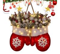 Titre : Couronne de moufles de Noël - Couronne de Noël lumineuse | Décoration de vacances pour porte d'entrée | Guirlande artificielle scintillante avec branches de pin artificielles, baies rouges et