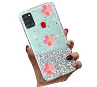 Tivenfezk Nadoli pour Samsung Galaxy A21S Lumineux Coque Paillettes,3D Fluorescent Fleur Lumineuse dans Le Noir Transparente Étoile Étui Housse Sparkle Brillante Bumper,Vert