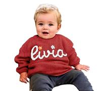 Tivhelrf Pull tricoté pour bébé Fait Main avec nom ou Monogramme brodé sur Mesure, Cadeau spécialisé pour Fille, garçon, Bambin, Enfant 2T Rouge