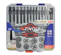 Tivoly Coffret MTF29 – 29 pièces : 12 tarauds DIN 352 HSS, 12 filières HSS, 4 accessoires M3–M12
