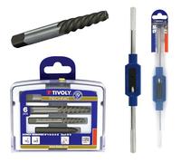 TIVOLY - Kit Extracteurs de Vis Cassées M4 à M18 + Tourne-à-Gauche N°2 M4 à M12-5 Extracteurs HCS + 1 X-Out + Porte-Taraud en Zamak