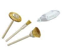 TIVOLY - Lot de 3 Brosses Laiton Multi-Formes - Pinceau (Ø5mm), Coupe (Ø12mm), Circulaire (Ø19mm) - Brossage du Bois et des Métaux Tendres - Attache : Queue Cylindrique Ø3,2mm - Pour DREMEL/PROXXON