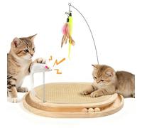 Tivray Griffoir pour Chat en Sisal Naturel Jouet Interactif pour Chaton | Tapis Grattoir avec Piste à Balle et 3 Jouets en Peluche, Chasser et Griffer, Griffoir Rond en Bois pour Intérieur