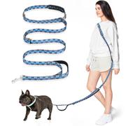 Tivray Laisse Mains Libres pour Chien 2,6 m, Laisse Ajustable pour Chiens Moyens, Course Jogging Marche, Portée Épaule Taille ou Main, 3 Anneaux, Poignée Rembourrée, Géométrique Bleu