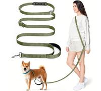Tivray Laisse Mains Libres pour Chien 2,6 m, Laisse Ajustable pour Chiens Moyens, Course Jogging Marche, Portée Épaule Taille ou Main, 3 Anneaux Multifonctions, Poignée Rembourrée,Vert Armée