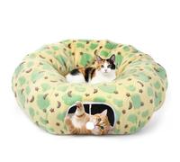 Tivray Tunnel pour Chat d’Intérieur, Tunnel-Lit en Peluche 90 cm avec Balle & Coussin Rond, Grotte Cache-Cache Multifonction, Jouet Interactif Cadeau pour Chats, Chatons, Lapins, Jaune & Nuage