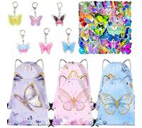 TIVUNORON 62Pcs Papillon Anniversaire Cadeau Enfant, Papillon Fête Pinata Anniversaire Fille, avec 6 Sac à Cordon Papillon 6 Porte-clés 50 Décalcomanie, Jouet de Fille Fête pour 6 Invités