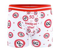 Tiwoca Boxers pour 50e anniversaire - Design rouge et blanc avec panneaux de signalisation numéro 50 et inscription - Décoration d'anniversaire insolite et surprise amusante pour fête et célébration