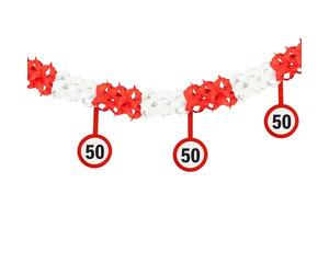 Tiwoca Déco 50 Ans - Guirlande Rouge et Blanche Panneaux signalisation | 400cm, guirlande en papier et carton avec 12 panneaux de signalisation, idéale pour décorer une fête.