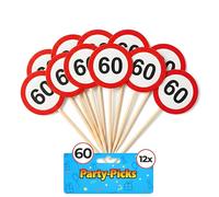 Tiwoca Décoration d’anniversaire 60 ans - 12 Piques de fête rouges et blanches à motif de panneau de signalisation « 60 » - Déco originale et idées cadeaux drôles pour homme ou femme