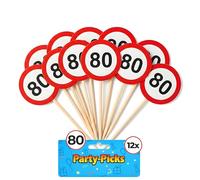 Tiwoca Décoration d’anniversaire 80 ans - 12 Piques de fête rouges et blanches à motif de panneau de signalisation « 80 » - Déco originale et idées cadeaux drôles pour homme ou femme