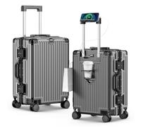 TIYFIY Bagage à main sans fermeture éclair avec porte-gobelet et deux ports USB, valise rigide approuvée par les compagnies aériennes, serrure TSA, gris, 20 Inch, Cabine