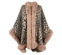 TIYGHI Hiver épais Chaud Poncho col de Fourrure Cape Manteau Femmes Vintage léopard Pull Cardigan Femme Manches Chauve-Souris châle (Color : Khaki, Size : One Size)