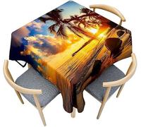 Tizhweqo Nappe Coucher de Soleil sur la Mer Anti Tache Rectangulaire, 3D Palmiers Tropicaux Imprimé Nappe de Table Impermeable Polyester Nappes pour Noel Jardin Cuisine Mariage, 140x140 cm E/F227