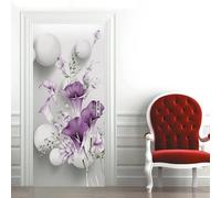 Tizhweqo Stickers Porte Trompe L'oeil Fleurs Violettes Art Moderne Papier Peint Autocollant Porte Pour Chambre Salon Décoration Stickers Muraux Sticker Porte 80x200 cm b20
