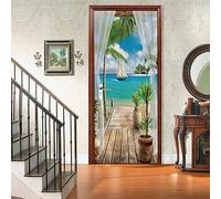 Tizhweqo Stickers Porte Trompe L'oeil Plage Paysage Marin Tropical Papier Peint Autocollant Porte Pour Chambre Salon Décoration Stickers Muraux Sticker Porte 80x210 cm a6114