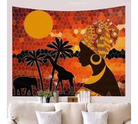 Tizhweqo Tenture Murale Grande Femme Africaine, Tapisserie Murales Animaux Africains, Tapisserie 3D Femme Africaine Decoration Tentures Murales pour Salon Chambre 200x200 cm D1390