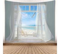 Tizhweqo Tenture Murale Grande Fenêtre Vue Mer, Tapisserie Murales Mouettes, Tapisserie 3D Fenêtre Vue Mer Decoration Tentures Murales pour Salon Chambre 150x200 cm X1635