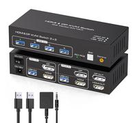 TJCXELE Commutateur KVM HDMI Displayport 2 moniteurs 2 ordinateurs 4K60Hz USB 3.0 Commutateurs KVM pour deux ordinateurs Partager 4 ports USB Prend en charge le mode copie/extension avec adaptateur DC