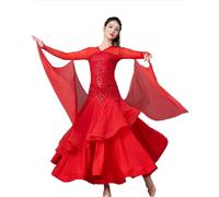 TJDWPRRD Costumes de Danse de Salon à Paillettes Robes de Performances de Valse avec Strass Vêtements de Danse Flamenco Salsa à Manches Longues Jupes Aux Normes Nationales Exquises,Rouge,XXL