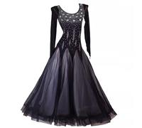 TJDWPRRD Costumes de Danse de Valse à Manches Longues pour Dames Vêtements Concours de Salle de Bal avec Strass Robe de Spectacle de Flamenco Jupe Trapèze Grande Salsa Foxtrot,Noir,M